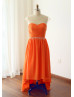 Sheer Neckline Coral Chiffon Hi Low Bridesmaid Dress